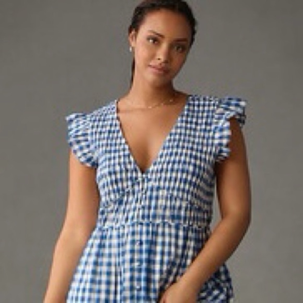 Anthropologie Size 1X Peregrine Blue & White Checkered Gingham Mini Dress - Picture 15 of 15